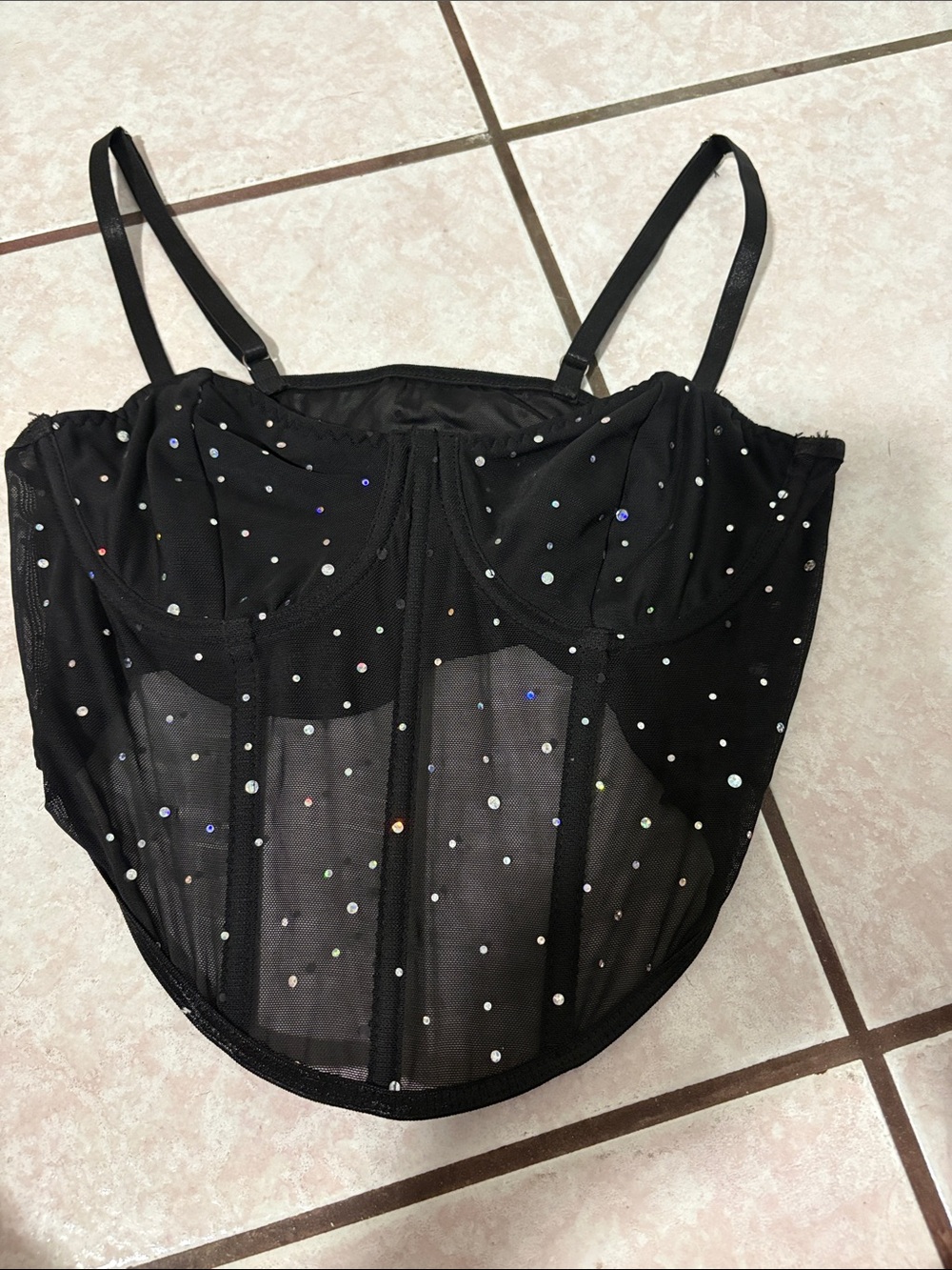 Black Mesh Sequin Bustier Top